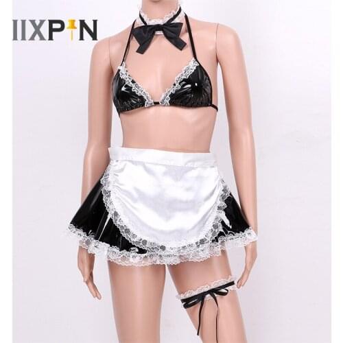 Womens Sexy Maid Costume Cute Anime Cosplay Lingerie Set Sexy Bra Top Mini Skirt G-string Thongs Maid Apron Necklace Leg Ring