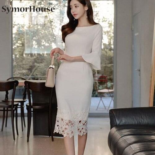 Women Summer White Lace Office Lady Work Dress Flare Sleeve Slim Pencil Dresses Formal Party Spring Autumn 2021