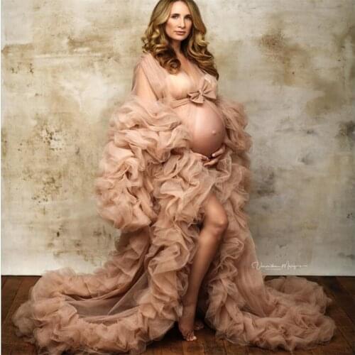 Chic Illusion Ruffles Tulle Long Sleeve Women Winter Sexy Kimono Pregnant Prom Gowns Sleepwear Bathrobe Sheer Nightgown Robe