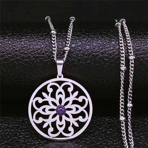 2021 Bohemia Flower of Life Bird Purple Crystal Stainless Steel Necklace Women/Men Silver Color Jewelry bijoux femme NXS04