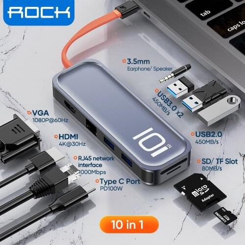 ROCK USB HUB Type C HDMI-compatible Adapter 10 in 1 USB C to USB 3.0 Dock for MacBook Pro Type C 3.1 Splitter 3 Ports USB C HUB