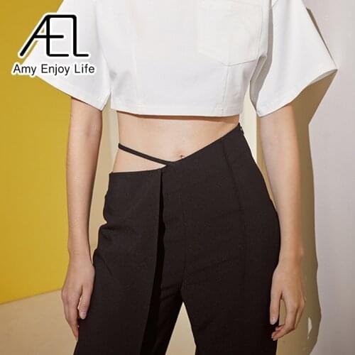 AEL Asymmetry Black Long Trousers Summer Women Wide Leg Pants