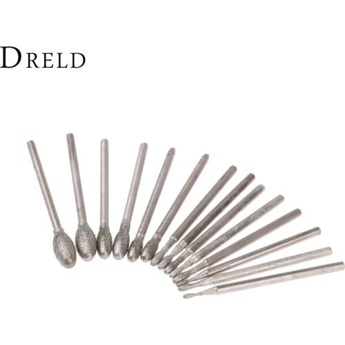 DRELD 14Pcs Dremel Accesories Oval Diamond Grinding Head Burrs Bits 2.35mm Shank Jade Stone Carving Polishing Engraving Tool