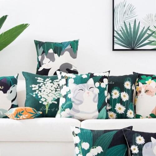 Decorative cushion cover/Ins Cat plant green Cute cotton pillow/Wholesale and retail cushions/Marine style waist