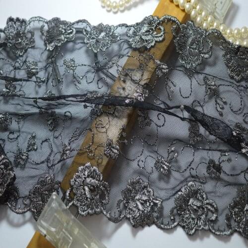 Somelace 20cm width-(2yds/lot)black gauze silver flower Embroidery lace trim for garments and wedding decoration-163209