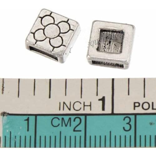 Square Beads Charms Fit 6mm Width Cord Bracelets DIY Making Jewellery Retro Flower Handicrafts Accessories Metal 9x9x4mm 50pcs