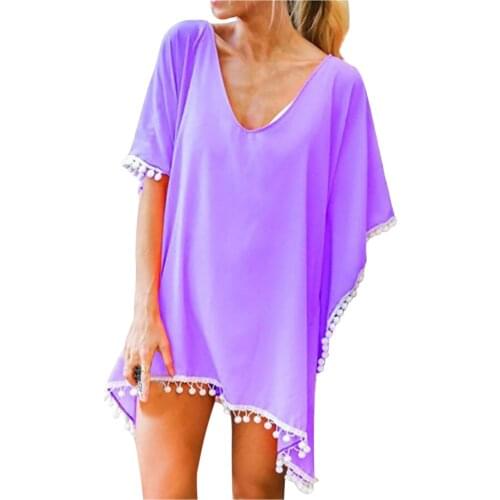 Summer Beach Cover Ups Tassel Dress 2021 Womens Trim Kaftan Chiffon Swimwear Beach Dress Loose Bikini Cover Up Tops Robe Tunic