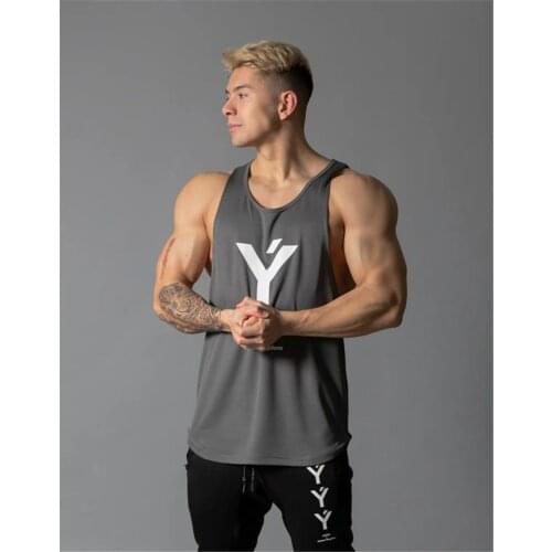 Male Fitness Tank top summer mens jogging running sports shirt tank top mens cotton printed gym sleeveless vest Dark grayM-XXXL