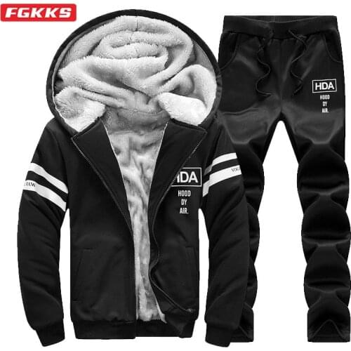 FGKKS Winter New Men Fleece Warm Casual Sets Brand Mens Cardigan Hoodies + Pants Tracksuit Set Fashion Hooded Sportswear Male