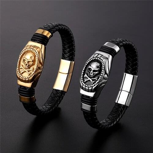 Pop Stainless Steel Skull Leather Men Bracelet High Quality Popular Boys Courage Knighthood Skeleton Male Charm Bracelet Jewelry