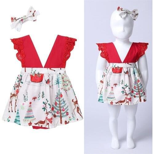 0-18M Baby Girl Red Christmas Clothes Xmas Party Costume Newborn Infant Romper Deer V neck Lace Jumpsuit Bodysuit with Headband