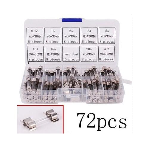 72Pcs/lot 6x30mm Fast-blow Glass Fuse Mix Set With Box 0.5A 1A 2A 3A 5A 10A 15A 20A 30A