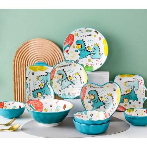 Cute Cartoon Dinosaur Childrens Tableware Set Ceramic Salad Bowl Dumpling Plate Soup Bowl Breakfast Milk Pot Grilled Rice Tray