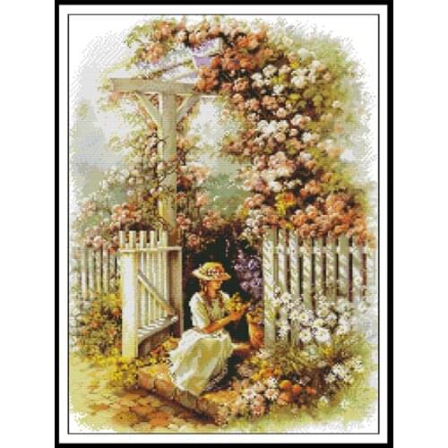Joy Sunday Cross Stitch Kits Garden Girl Patterns DIY Handmade Needlework Sets 14ct Printed Canvas 11ct Cotton Thread Embroidery