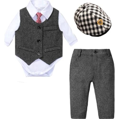 Newborn Clothes Baby Boys Formal Cap Suits White Romper + Vest + Hat + Pants 5 Pieces Kids Little Gentleman Infant Suit