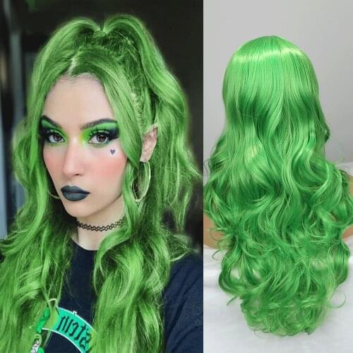 Wignee Synthetic Long Wavy Green Hair Heat Resistant For Women Middle Part Natural Glueless Female Daily/Cosplay Fiber Hair Wigs