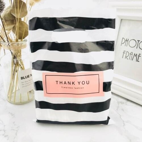 Pink Black Thank You 15x20cm Black White Stripes Plastic Handles Bag Plastic Boutique Jewelry Gift Bags With Handle 100pcs