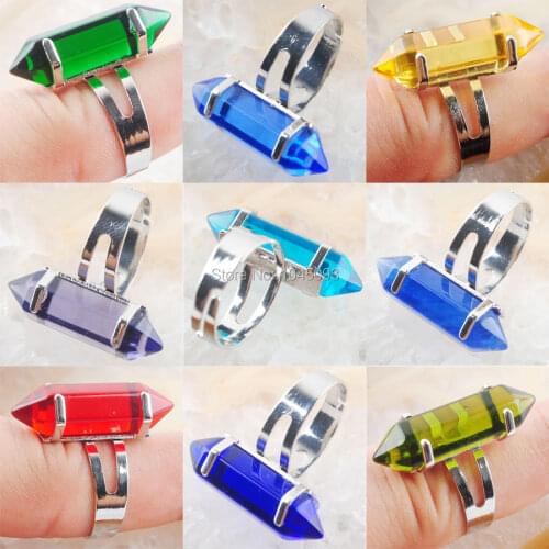 Adjustable Finger Ring Yellow Green Red Dark Blue Quartz Hexagonal Healing Reiki Chakra Beads Ring 20mm (0.8") 1Pcs QBX304