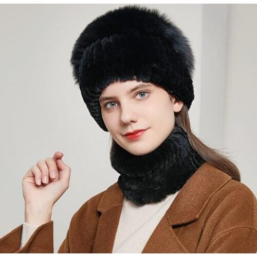 Russian Women Real Rabbit Fur Hat Knitted Striped Ladies 100% Authentic Rabbit Fur Beanie Cap Fox Fur Ball Warm Caps 20HY-09