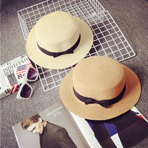 Female Casual Panama Hat Lady Brand Women Flat brim Bowknot Straw cap girls Sun Hatsimple Summer Parent-child Beach Hat