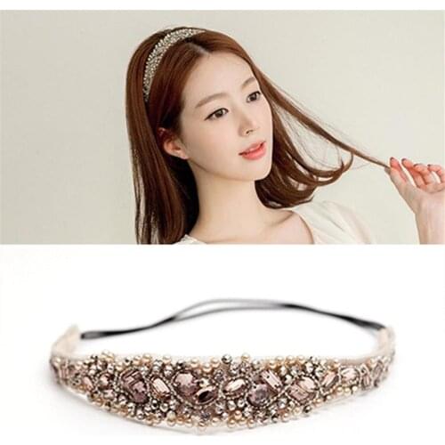 Light European and American Hair Accessories Pure Rhinestone Headdress Beaded Mixed Lace Pearl Hair Headband J4U5