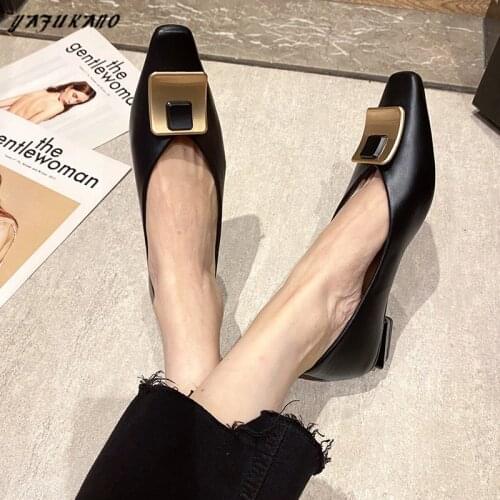 Fashion Low Heel Women Single Shoes Autumn Retro Square Toe Metal Decoration Lady Pumps Thick Heel Shallow Mouth Work High Heels