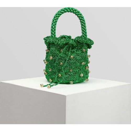Solid Color Handmade Knitted Bucket Handbags Women New BrandHand Woven Beaded Handle Small Evening Bags Cute Dinner Purse Clutch