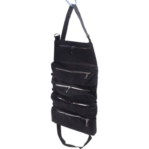 Universal Car Multi-Purpose Tool Roll Up Storage Bag Wrench Organizer Seat Hanging Pouch Black Oxford Cloth