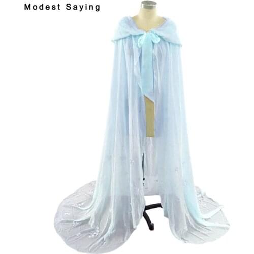 Vintage Light Blue Long Flowers Hooded Wedding Capes 2017 Chiffon Lace Bridal Wraps in fairy tale Vestidos Bridal Shawls B264