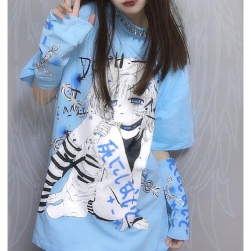 Y2k Anime Graphic T Shirts Goth Camisetas De Mujer with Split Sleeves Fashion T-shirt Women 2021 MINGLIUSILI Harajuku Top Femme