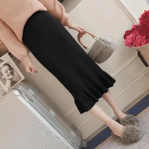 High waisted ruffled knitted Skirt Mid-length thin buttock fishtail skirt women thin and hip fishtail skirt faldas mujer moda