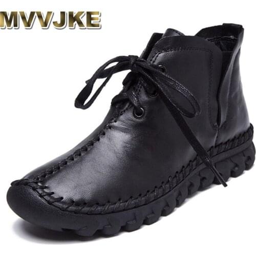 MVVJKE 2019 Winter Warm Women Boots Soft Genuine Leather Flat Ankle Boots For Women Booties Handmade Lace Up Mar Boots