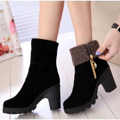 Autumn Women Ankle Boots Female High Heel Shoes Flock Fashion Zipper Chunky Heels Short Botas For Ladies Casual Footwear 2020