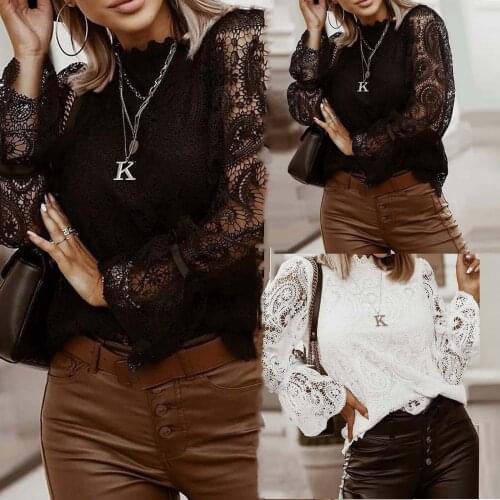 WomenS Tops Fashion Sexy Long Sleeve Pure Color Lace Loose WomenS Shirts Stand Collar Tops Different Models топ женский 40