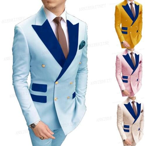 2021 Gold Button Blue Men Suit for Business Wear Jacket Custom Fashion Groom Wedding Suit Prom Tuxedo Blazer with Pants 2 Pieces
