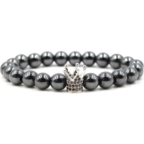 8mm u5y3 elastic adjusted nature hematite bead micro pave Crown cz cubic zirconia Bracelet for Women