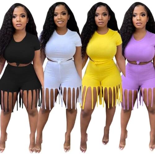 Activewear Solid Short Tracksuit Women Jogger Casual O Neck T Shirts Crop Top + Tassel Biker Shorts Slim Two Piece Set Outfits
