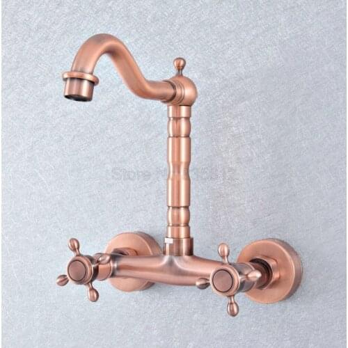 Antique Red Copper Brass Double Cross Handles Swivel Spout Kitchen Bathroom Tub Sink Faucet Mixer Water Taps tsf861