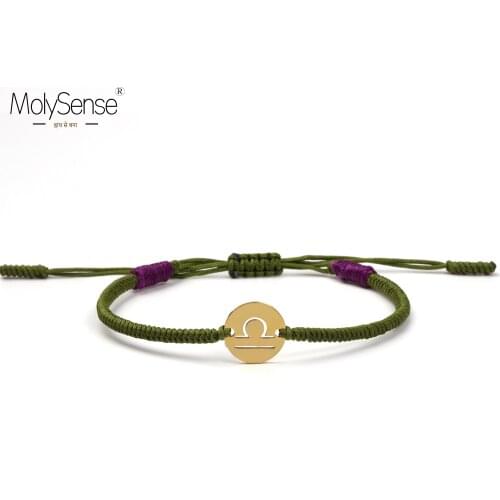 MolySense Libra Handmade Golden Color12Constellation Zodiac Stainless Steel Charm Bracelets For Women Men Wax Macrame Bracelets