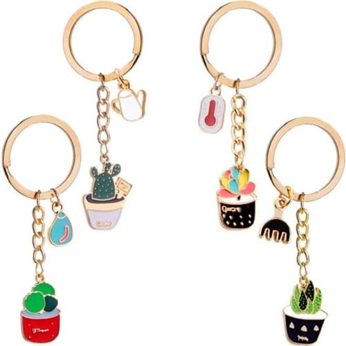 Women Succulent Potted Keychain Cute Enamel Cactus Keychains Beach Style Hat Rings Car Key Holder Key Finder Bag Rings