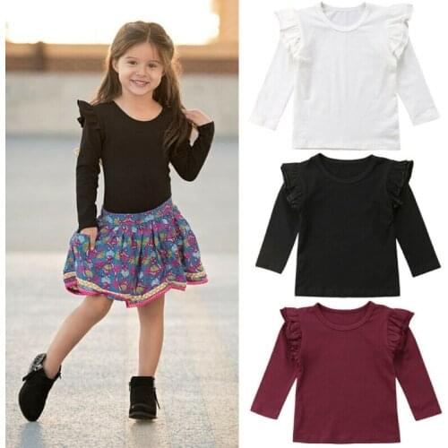 Baby Girl Toddler Kids Long Sleeve Ruffle Tops Pullover Tee Shirt Clothes Solid Color T-shirt Cotton Top 0-5T