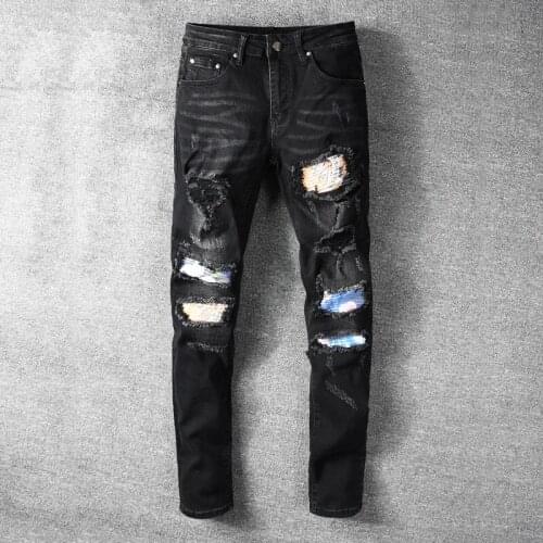 American Streetwear 2021 Men Jeans High Quality Elastic Slim Fit Ripped Denim Pants Patchwork Designer Hip Hop Trousers Homme