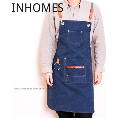 Free Custom Logo Barber Apron Denim Canvas Korean Fashion Men Women Cafe Tea Shop Restaurant Chef Overalls Uniform delantales