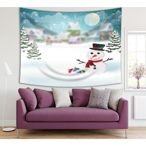 Tapestry Winter Village Snow-covered Houses Fir Trees Snowman Full Moon Stars Cloudy Night Sky Holiday Theme Teal Green white