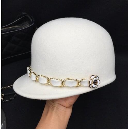 White wool womens cap with short eaves chain and flower fashion womens visor