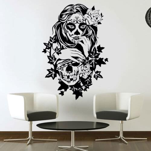 Candy Sugar Skull Floral Girl Tattoo Studio Wall Sticker Day Of The Dead Art Decals Vinyl Window Decor Room Mural Wallpaper 4732