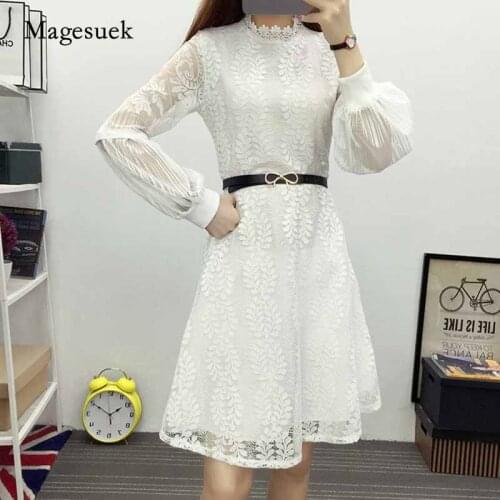 Lace Stand-up Collar Above Knee Dress Korean Style Embroidery Flower Lantern Long Sleeve Stitching Lace Bottoming Dress 12043