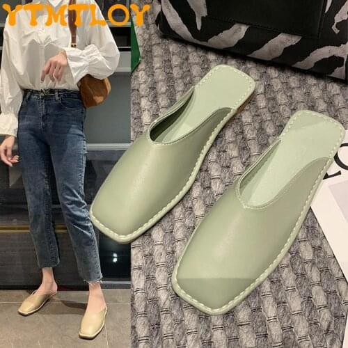 Summer Fashion Artificial Leather Slippers, Soft Soles, Lazy Half Drag, Low-heeled English Style Womens Shoes With Flat Bottom