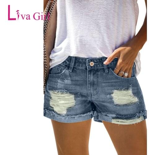 LIVA GIRL Summer Vintage Womens Faded Denim Shorts Distressed Ripped Rolled Hem Female Short Pants Casual Hole Jeans Short S-XL