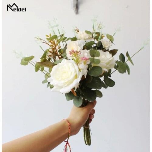 Meldel 6 Head Silk Rose Peony Flower Bouquet Wedding Home Decoration Artificial Eucylaptus Silk Flowers Luxury Home Decor Flores